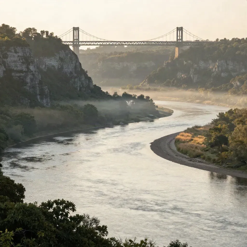 Misty Northern Kentucky river bend with bluffs and bridge towers over a quiet floodplain.