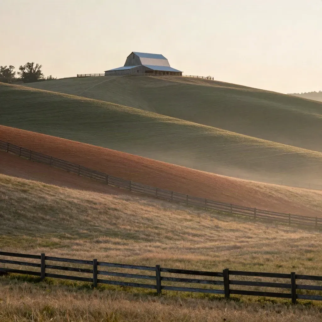 Sunrise Tennessee hills, cedar fields, weathered fence, and pale barn roof in soft haze.