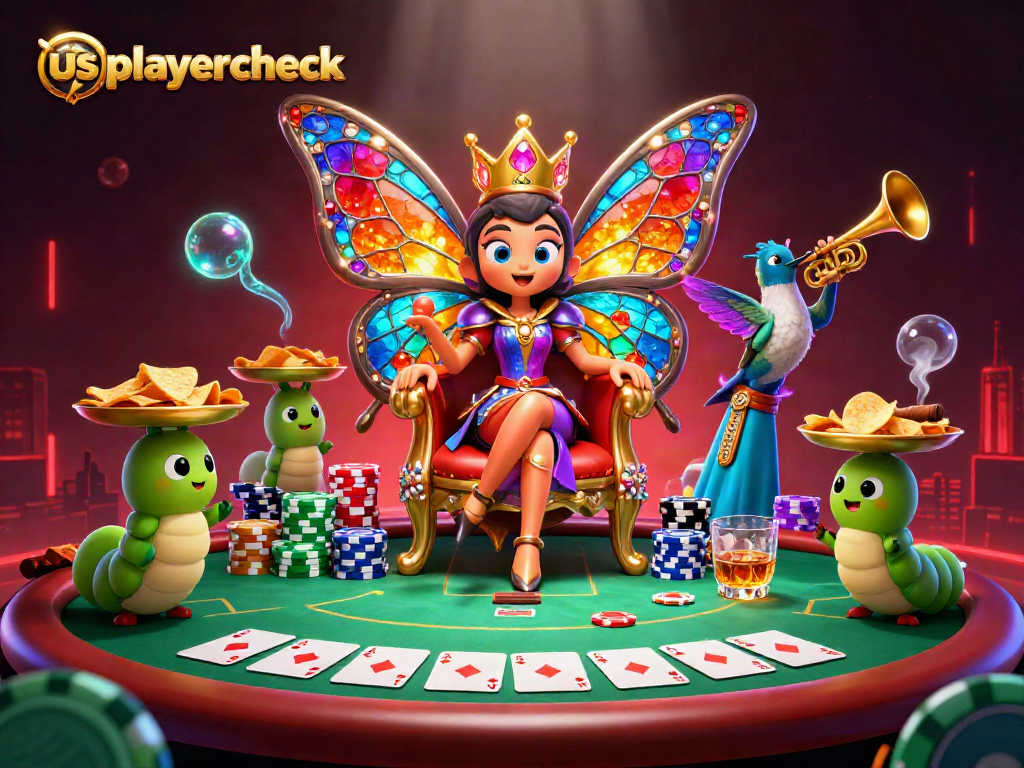 Experience thrilling gameplay at usplayercheck's stunning animated casino scene featuring vibrant poker elements.