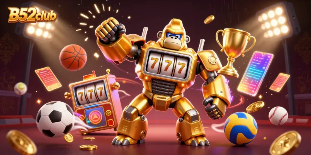 B52club's vibrant 3D illustration showcases a golden gorilla mech and sports elements, symbolizing excitement in gaming.