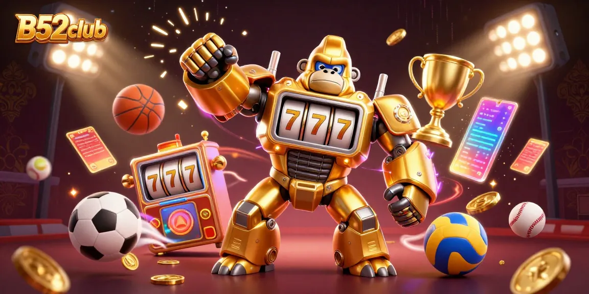 B52club's vibrant 3D illustration showcases a golden gorilla mech and sports elements, symbolizing excitement in gaming.
