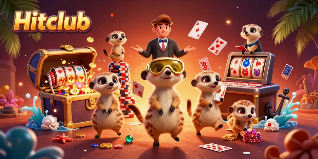 Experience Hitclub's vibrant casino scene with lively meerkats managing games and treasures exploding
