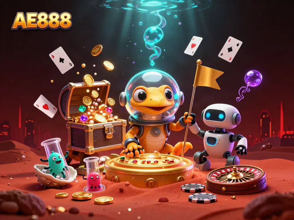 Experience AE888's thrilling casino atmosphere with cartoon Martian gecko and vibrant game elements.