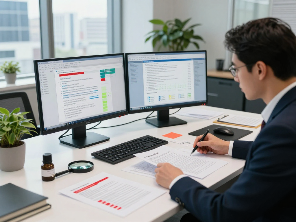 Document fraud detection analysis in a modern office with forensic tools and analytics dashboard.