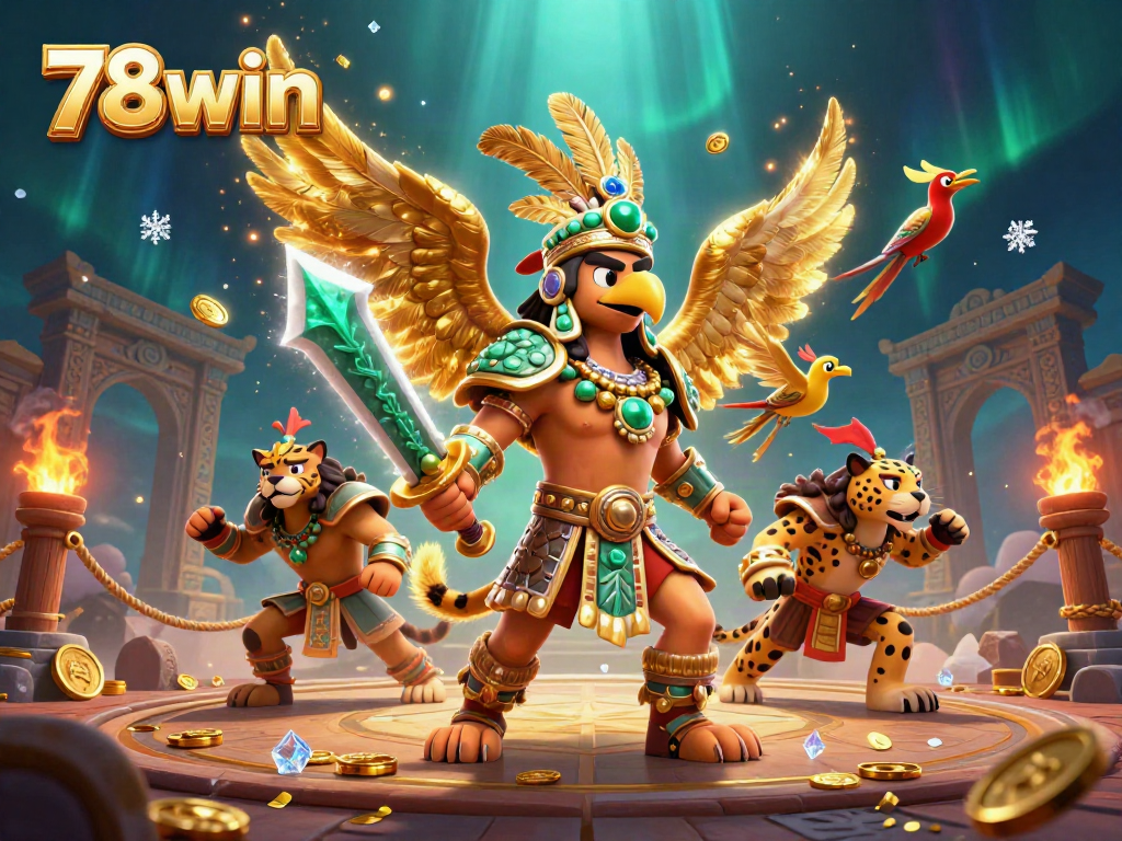 Engage in thrilling gambling adventures with 78win in a vibrant Aztec-themed online casino illustration.