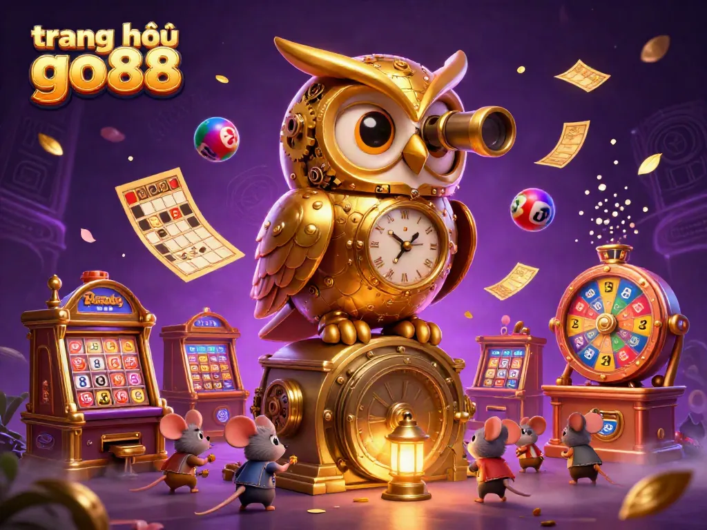 Engaging scene featuring the trang chủ go88 clockwork owl, lively mice, and dynamic lottery elements in a casino setting.