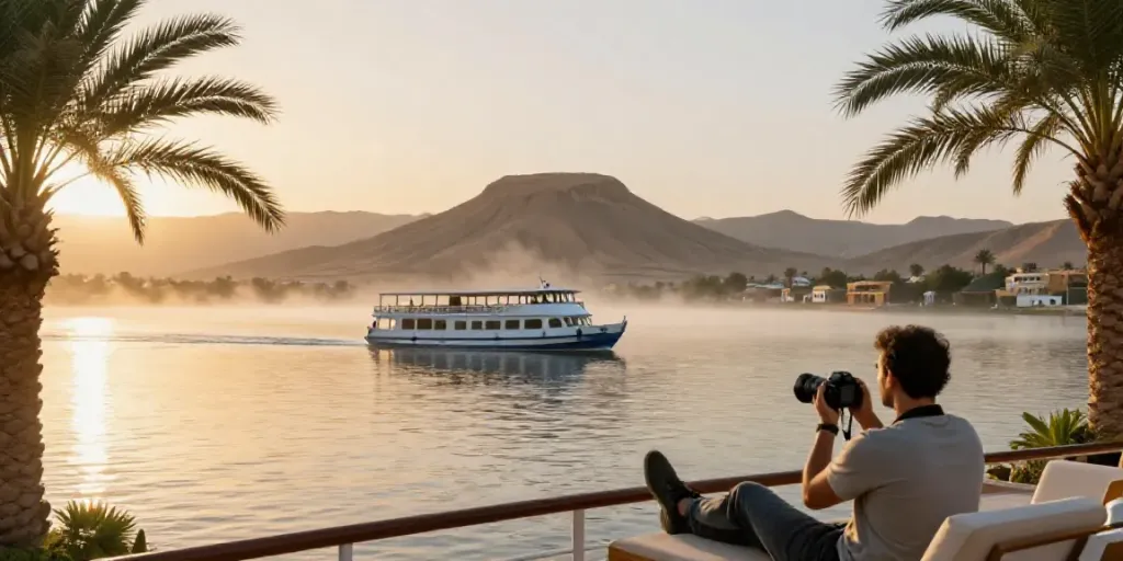 Lake Nasser Cruise with stunning sunrise reflections and a traveler enjoying serene views.