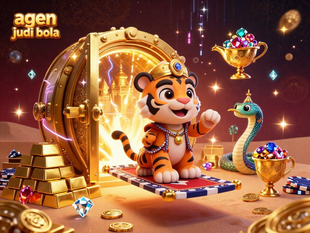 Bet big with agen judi bola in a vibrant casino scene showcasing treasures and a magical sultan.