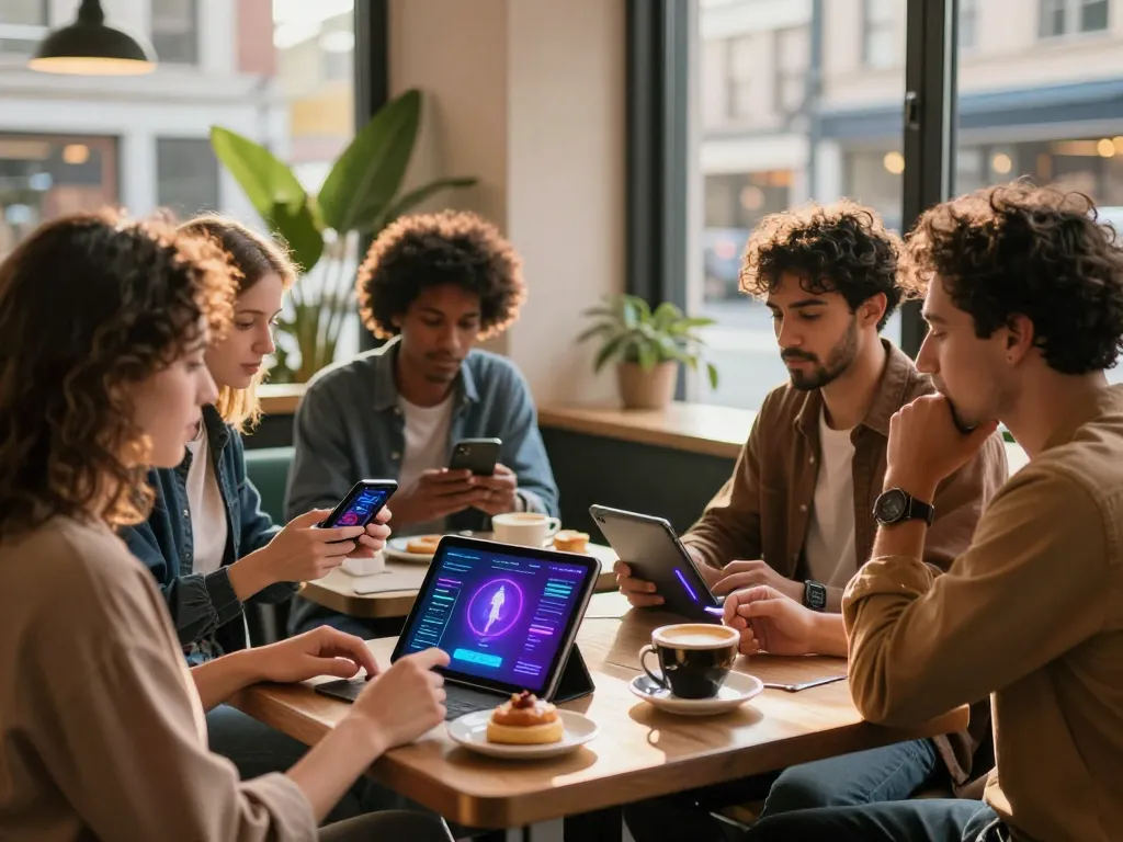 Friends discussing technology in a café setting, showcasing sex AI innovation with modern gadgets.