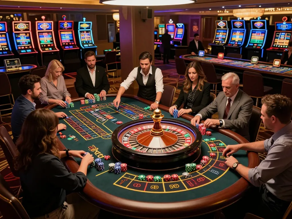 Players at a roulette table in a vibrant casino atmosphere, showcasing strategic betting moments involving sc88seo.