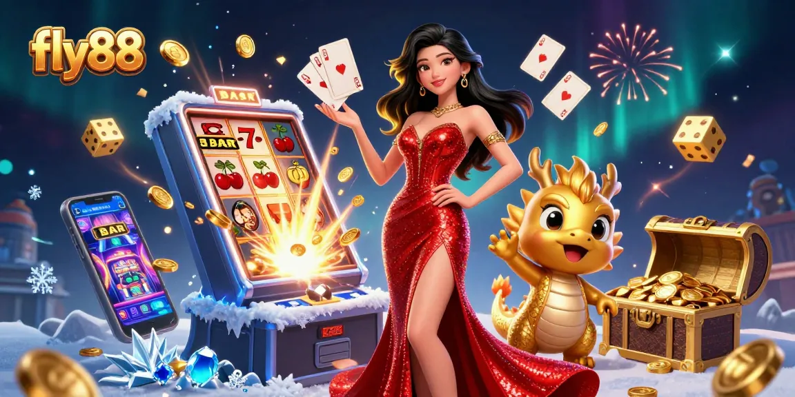 Experience the excitement at fly88 with a vibrant 3D illustration showcasing thrilling slot games and winning moments.