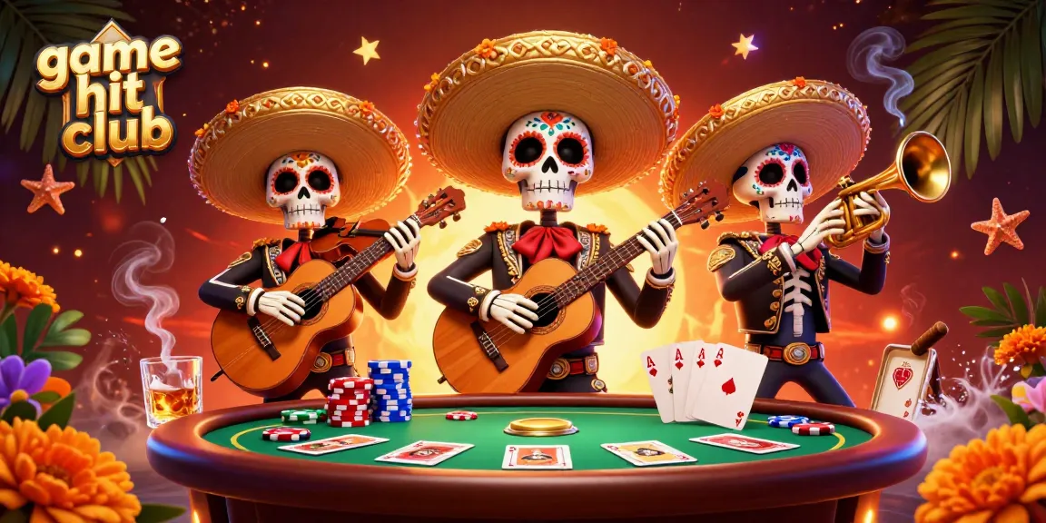 Engage in the game hit club with vibrant 3D mariachi skeletons celebrating at a poker table.