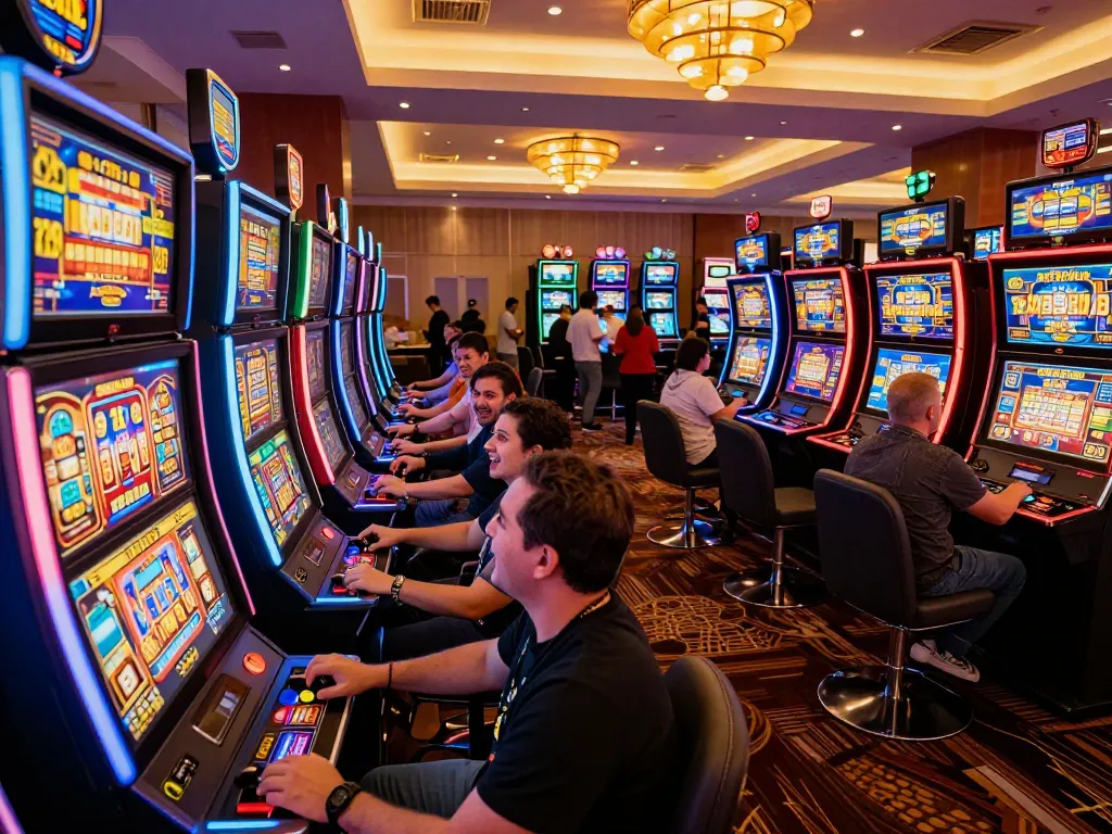 Players enjoying interactive slot machines at cm88 casino with vibrant lights and lively atmosphere