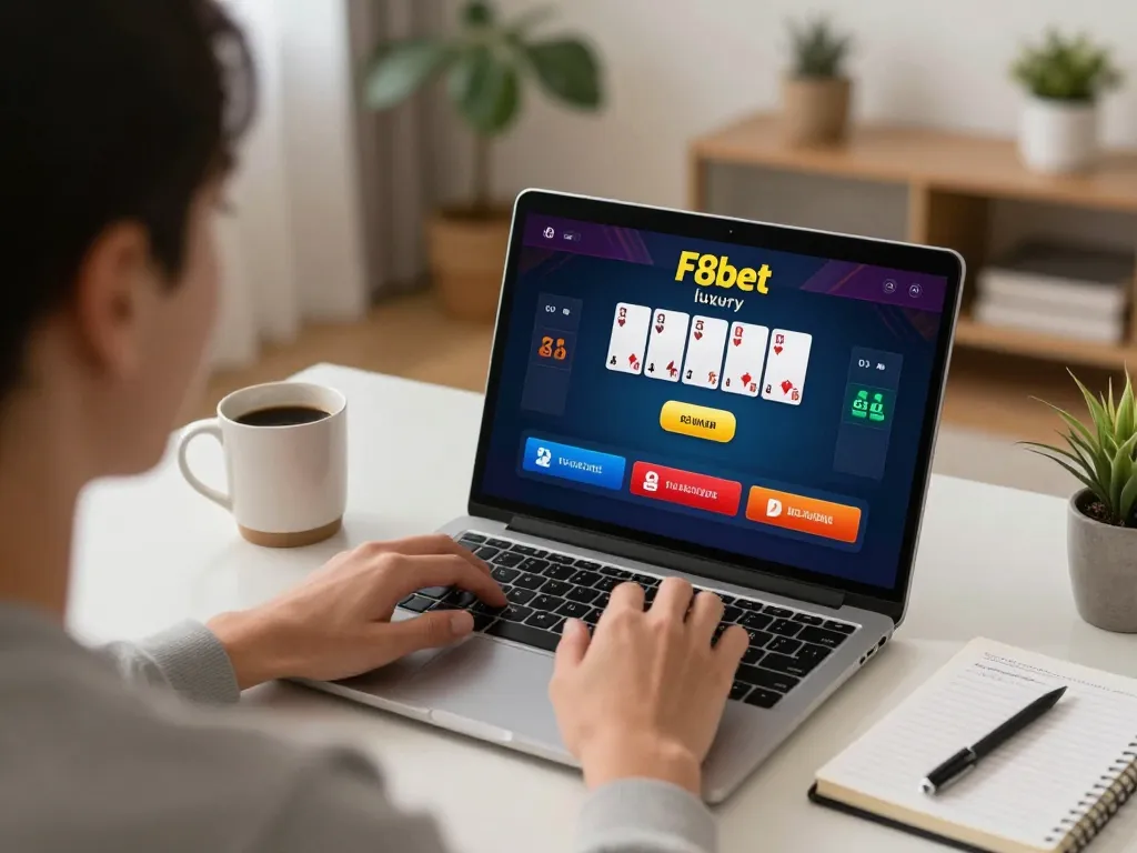 Engaged player enjoying blackjack on F8bet luxury online, cozy home setting with strategy notes.