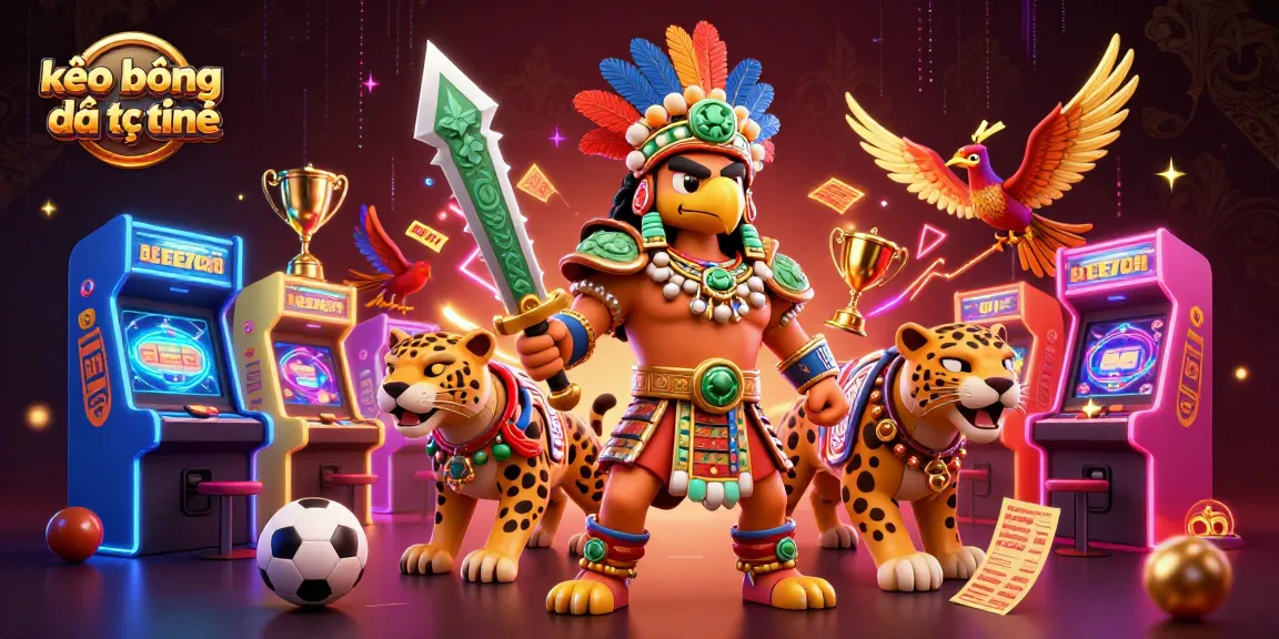 Bet on kèo bóng đá trực tuyến with illustrated Aztec warrior scene showcasing sports elements.