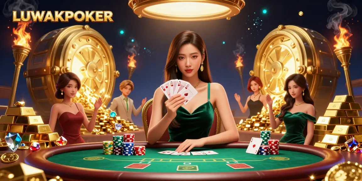 LUWAKPOKER showcases a strategic poker scene with a focused player and vibrant casino elements.