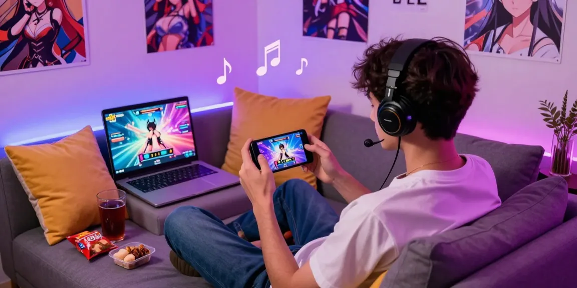 Gamer exploring mobile hentai games on a smartphone in a cozy gaming nook with anime decor.