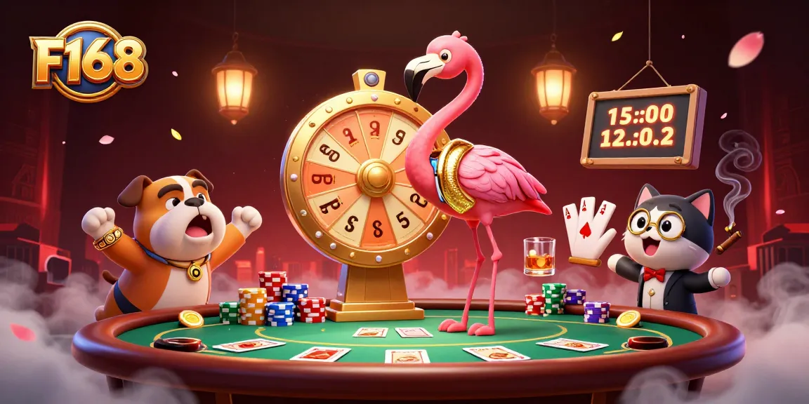 Engage in thrilling gaming at F168, featuring a flamingo host and bulldog contestant in a vibrant casino scene.