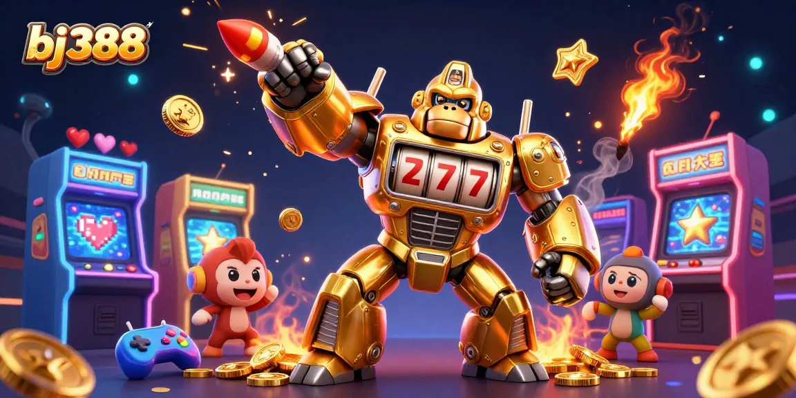 Engage in thrilling action at bj388 with a colorful 3D illustration of a golden gorilla mech surrounded by arcade games.