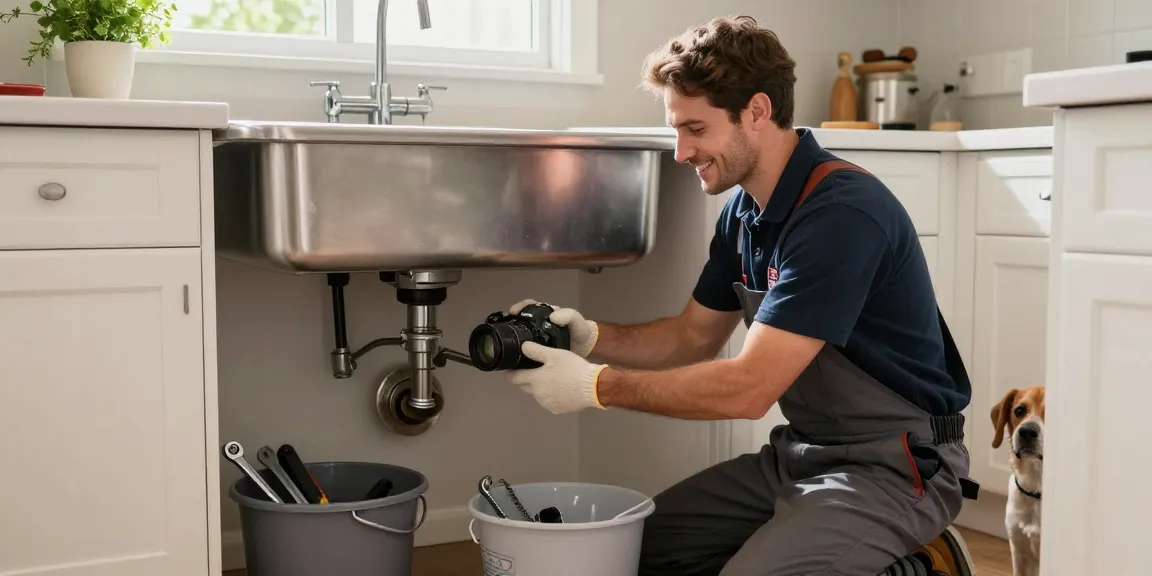 Drain cleaning San Diego professional plumber fixing sink, bright kitchen scene with tools and warm atmosphere.
