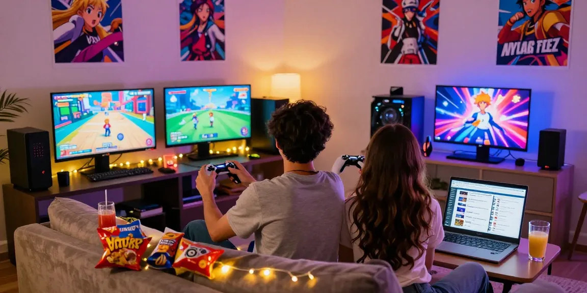 Couple enjoying hentaigames in a cozy living room with snacks.
