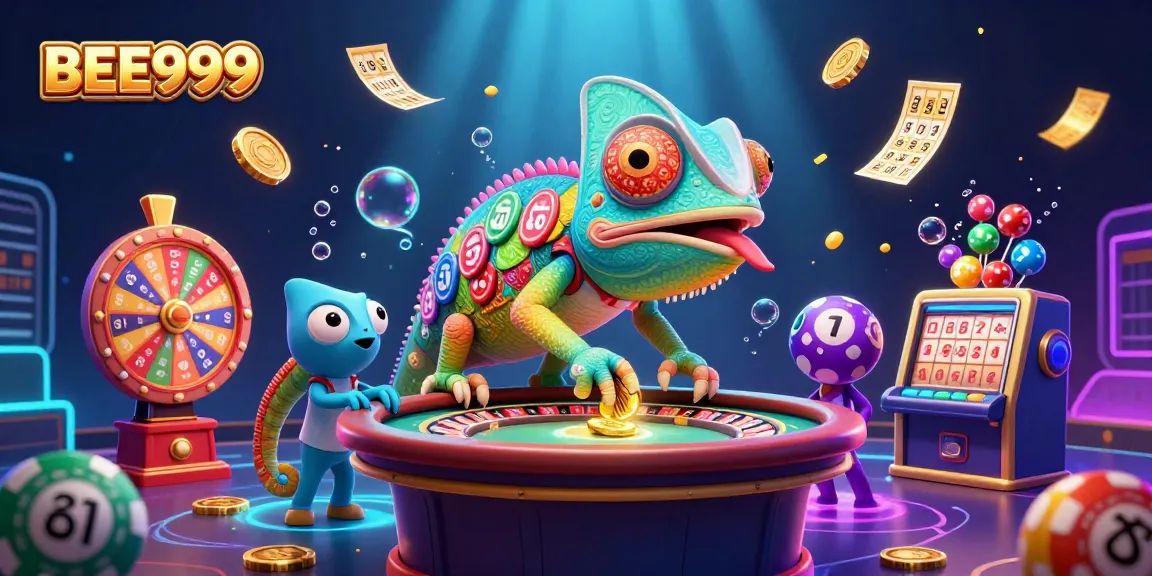 BEE999 entertains players with a lively 3D illustration featuring a colorful chameleon casino owner amidst vibrant gaming elements.
