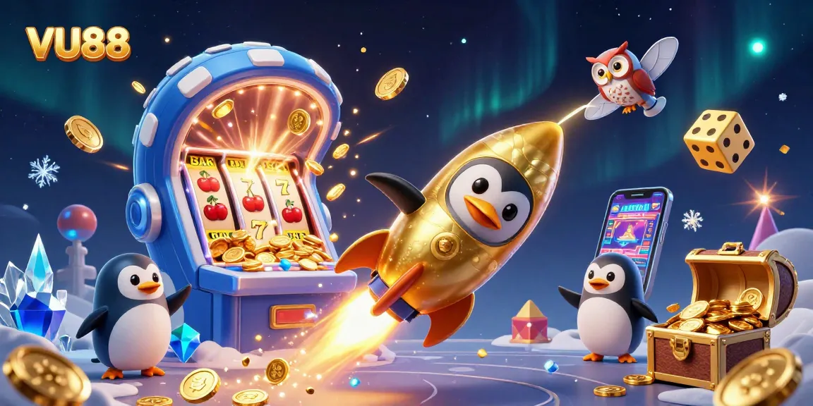 Experience the thrill of VU88 with a golden penguin racing toward an exciting casino world!