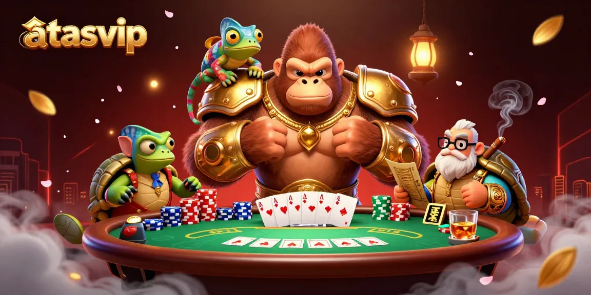 Join the exciting world of atasvip, featuring a vibrant 3D scene with a king gorilla, a chameleon, and a wise tortoise in a bustling casino ambiance.