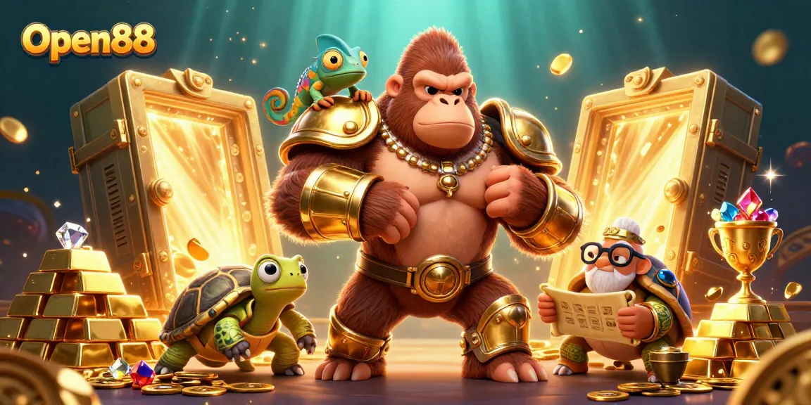 Open88 gorilla king and tortoise elder celebrate riches in a vibrant 3D casino scene.