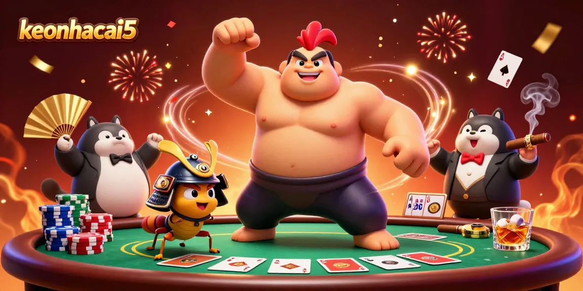 Engage with exciting keonhacai5 gaming action featuring vibrant characters and poker elements.