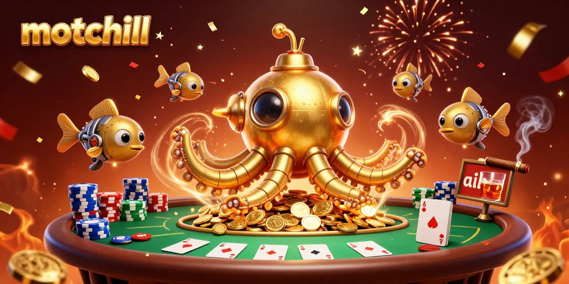Engage in thrilling poker action at motchill with a golden kraken submarine amidst vibrant casino elements.