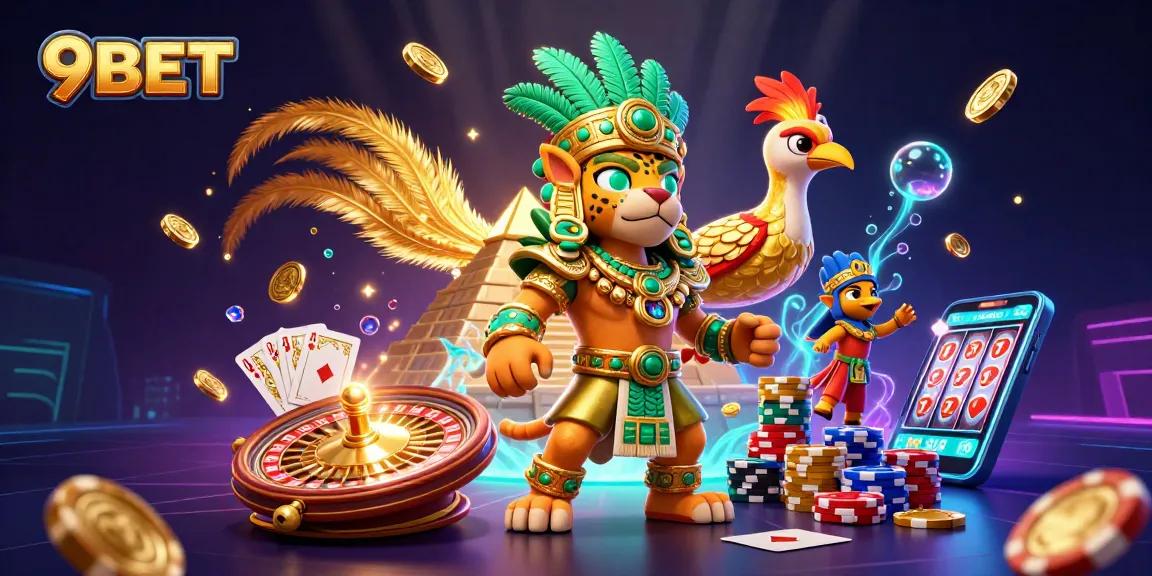 Spin to win with 9BET in a vibrant casino scene featuring golden coins and a roulette wheel.