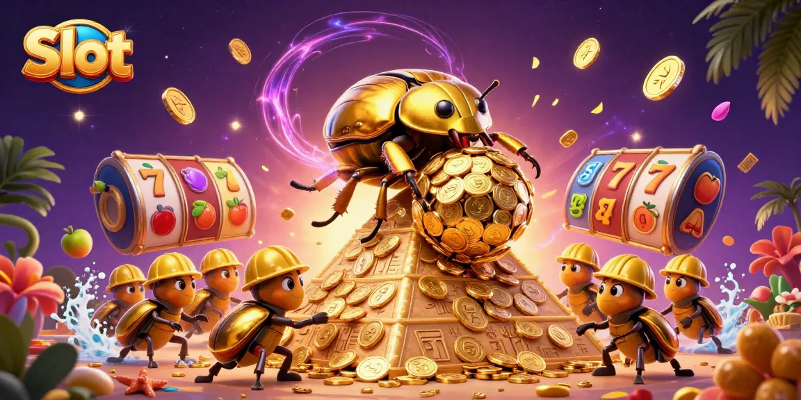 Menangkan slot dengan karakter kutu emas dan simbol kasino menarik yang bersinar.