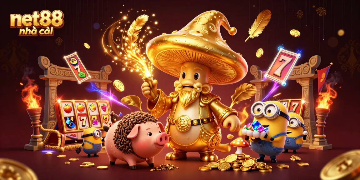 Experience net88 nhà cái with a magical casino scene featuring the golden mushroom wizard and treasure