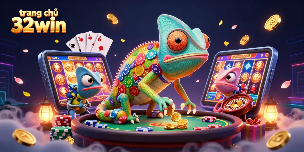 Experience the vibrant action at trang chủ 32win with colorful games and a dynamic chameleon centerpiece.