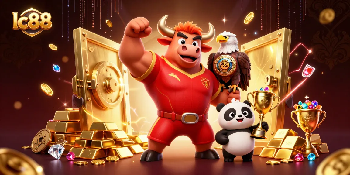 Exciting lc88 gaming scene with a muscular bull mascot celebrating victory, surrounded by treasures.