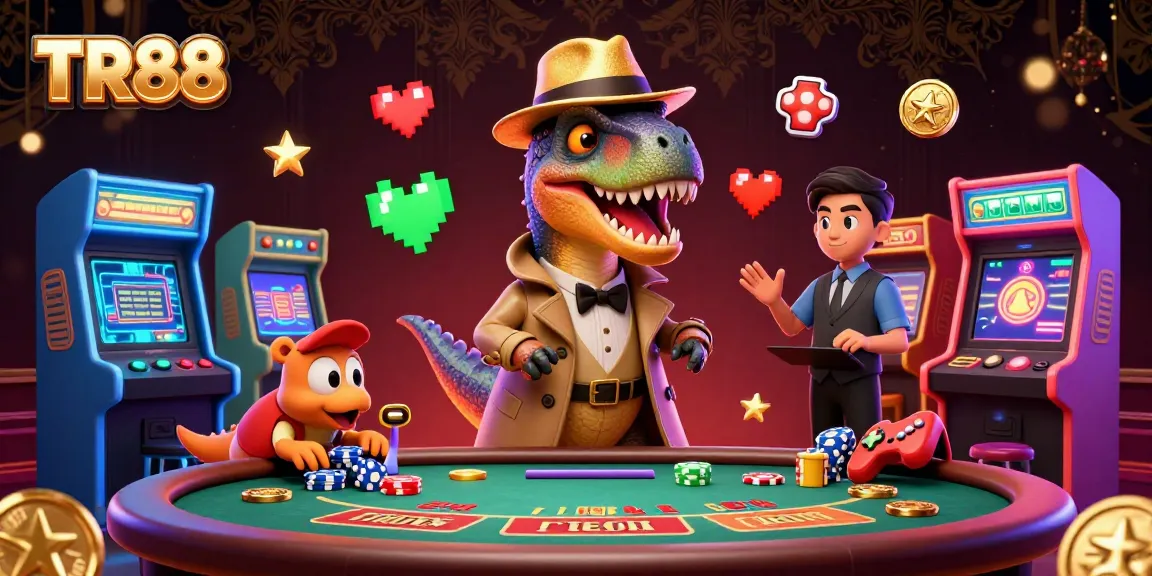 TR88's iconic velociraptor card counter hilariously attempts to blend in at a blackjack table, captured in a vibrant casino scene.