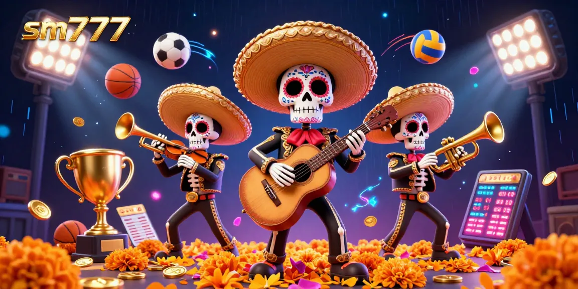 Enjoy thrilling sports moments with sm777’s vibrant Day of the Dead mariachi band and dynamic game elements.