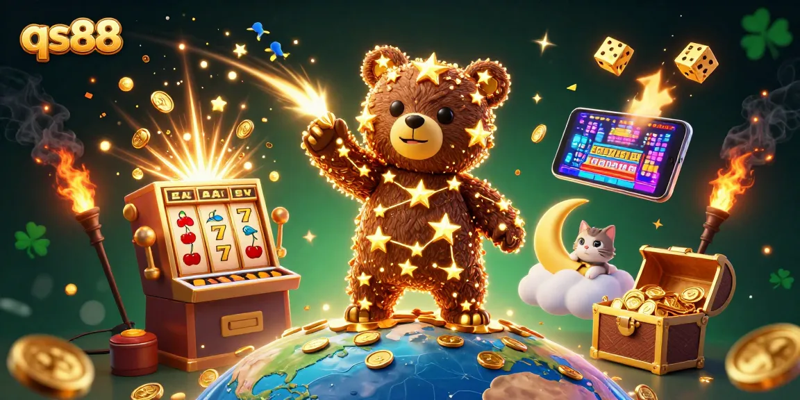 qs88 gamers delight in a vibrant 3D casino scene filled with slots, coins, and festive companions.