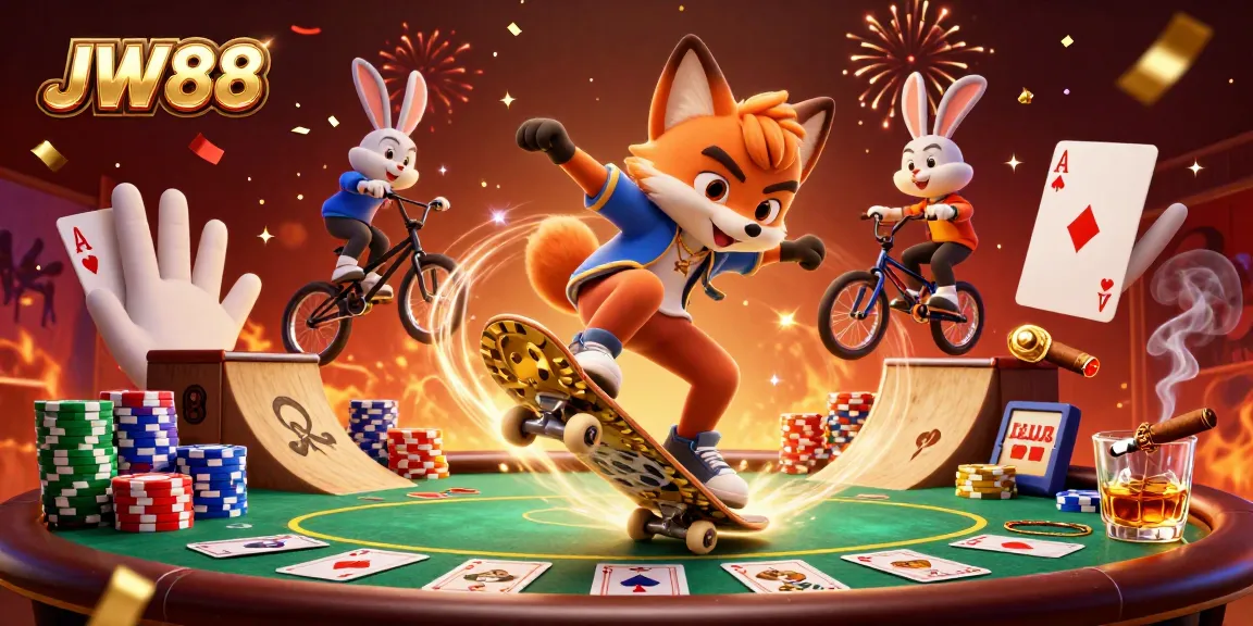 Experience thrilling online gaming at JW88 with vibrant cartoon characters engaging in casino action