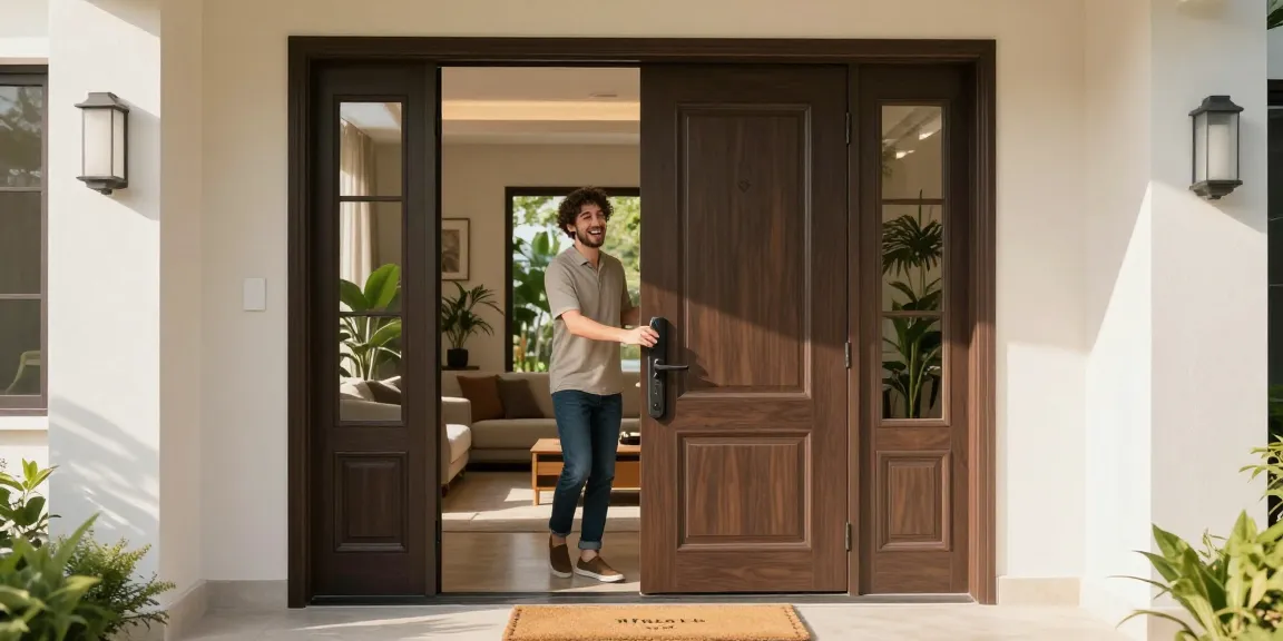 Single leaf double swing door beautifully displayed, welcoming guests into a modern home.