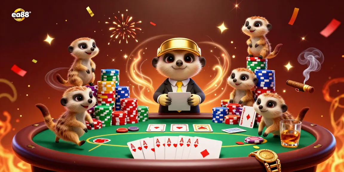 Experience the dynamic casino action of ea88 with meerkats managing a vibrant atmosphere filled with poker excitement.