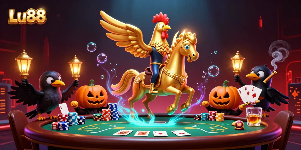 Engage in thrilling gambling at Lu88 with our golden rooster mascot in a vibrant casino scene.