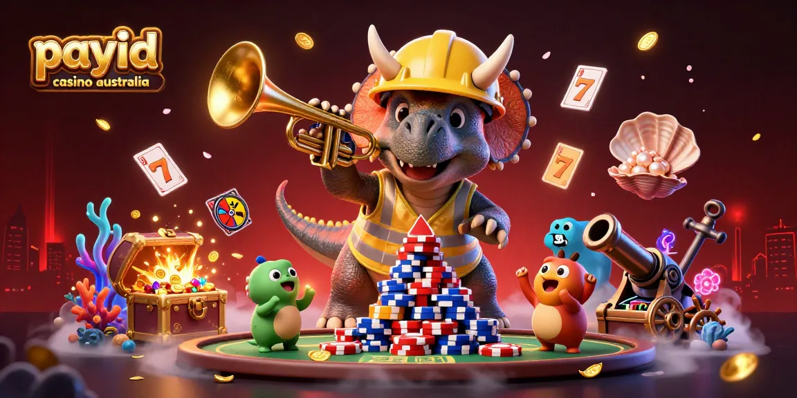 Engage with payid casino australia as a triceratops builds poker chip pyramids amid vibrant casino elements.