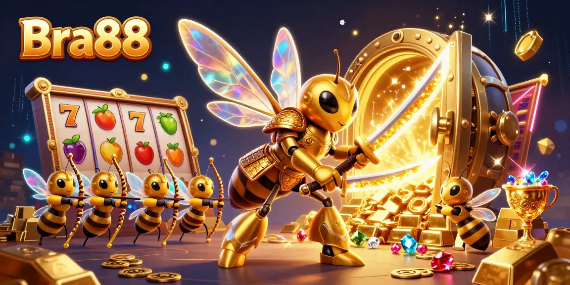 Engage with Bra88's vibrant casino action featuring a golden hornet samurai among slot reels and treasures.