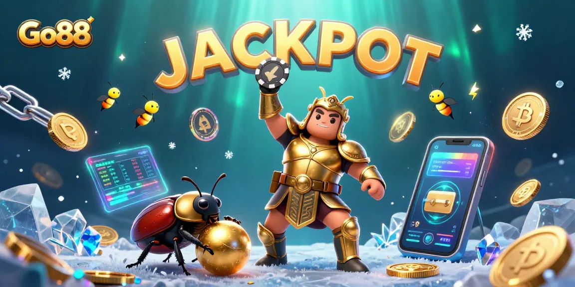 Engage with Go88: A victorious hercules beetle raises a poker chip amidst a vibrant casino scene with crypto elements.