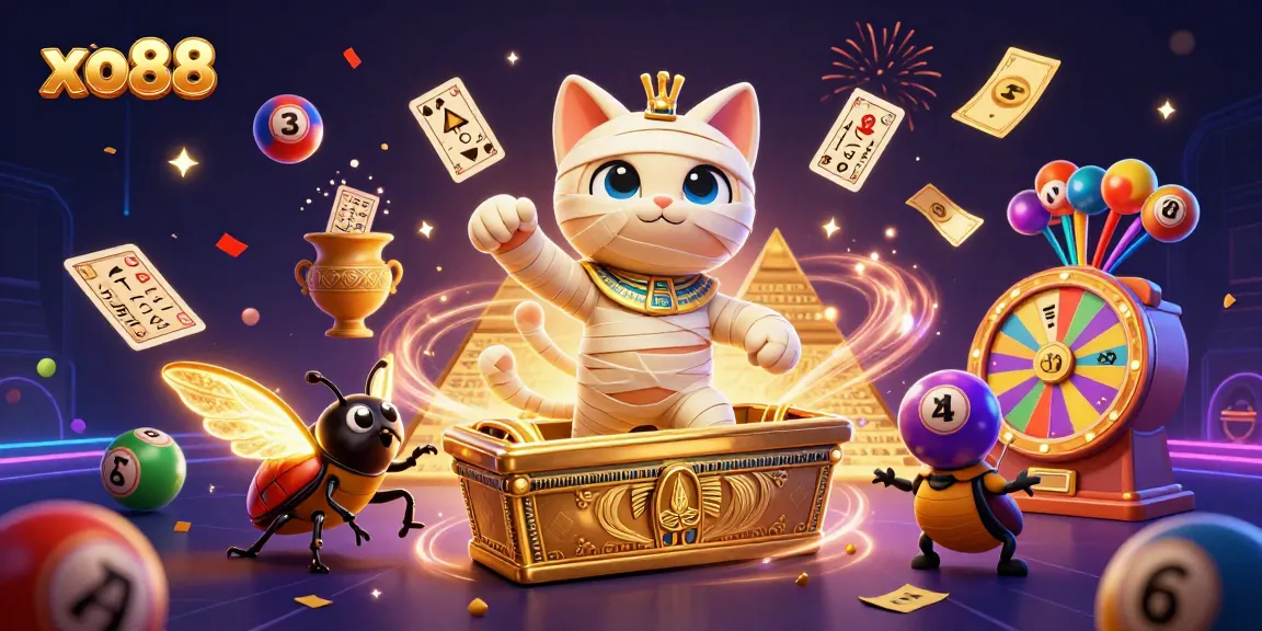 Experience exciting gameplay at xo88 with a vibrant illustration of a prized Egyptian mummy cat in a pyramid casino.