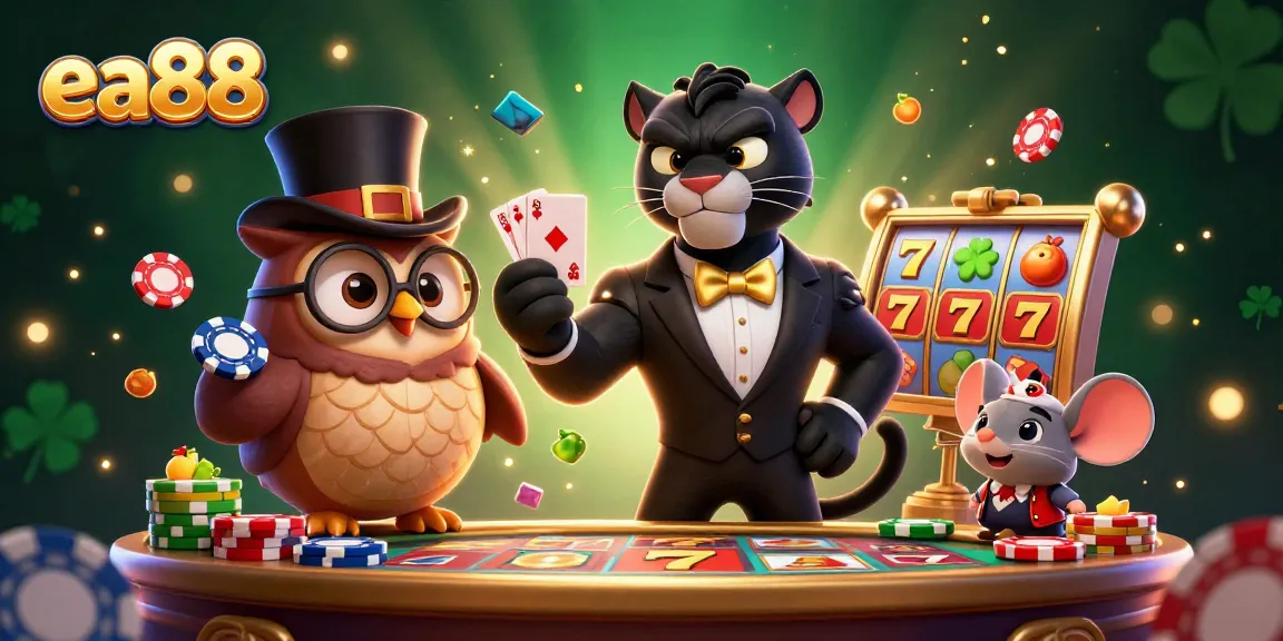 ea88 players celebrate with a cartoon panther dealing cards in a vibrant casino scene.