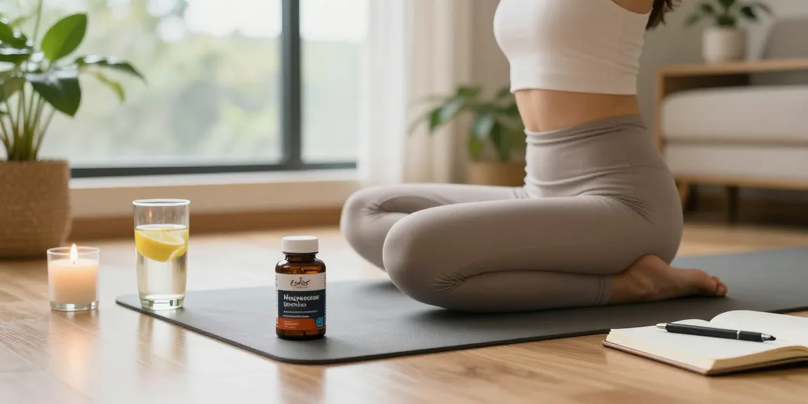 Practicing yoga with magnesium glycinate supplement in a serene home environment.