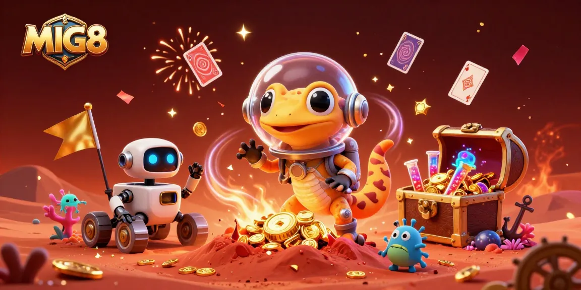 MIG8 players winning big in a vibrant, colorful 3D casino scene with a Martian gecko.